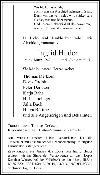 Todesanzeige von Ingrid Huder von Rheinische Post