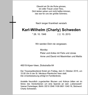 Todesanzeige von Karl-Wilhelm Schweden von Rheinische Post