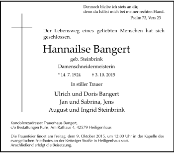 Todesanzeige von Hannailse Bangert von Rheinische Post