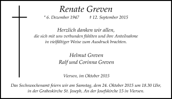Todesanzeige von Renate Greven von Rheinische Post