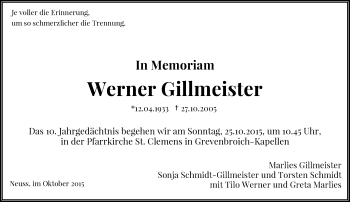Todesanzeige von Werner Gillmeister von Rheinische Post