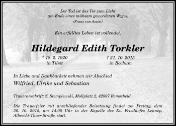 Todesanzeige von Hildegard Edith Torkler von Rheinische Post
