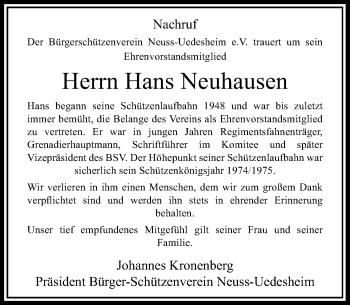 Todesanzeige von Hans Neuhausen von Rheinische Post