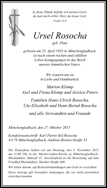 Todesanzeige von Ursel Rosocha von Rheinische Post