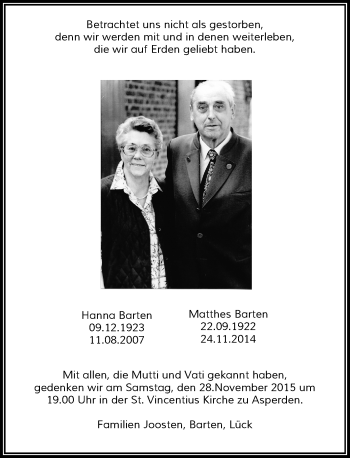Todesanzeige von Hanna und Matthes Barten von Rheinische Post