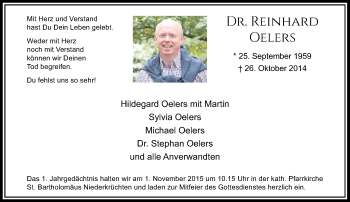 Todesanzeige von Reinhard Oelers von Rheinische Post