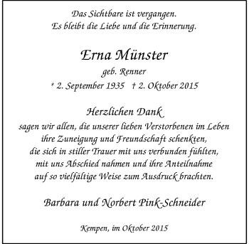 Todesanzeige von Erna Münster von Rheinische Post