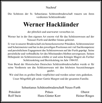 Todesanzeige von Werner Hackländer von Rheinische Post