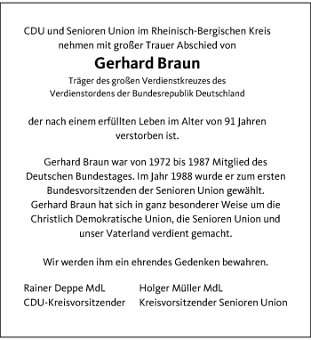 Todesanzeige von Gerhard Braun von Rheinische Post