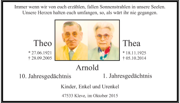 Todesanzeige von Theo und Thea Arnold von Rheinische Post