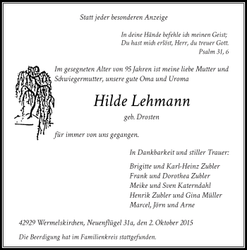 Todesanzeige von Hilde Lehmann von Rheinische Post