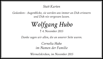 Todesanzeige von Wolfgang Hubo von Rheinische Post