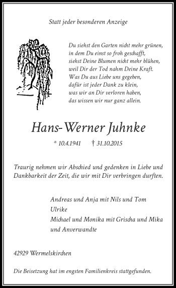 Todesanzeige von Hans-Werner Juhnke von Rheinische Post