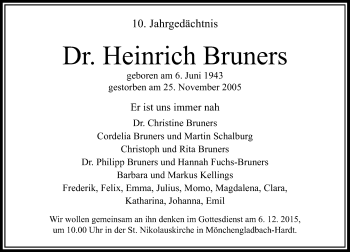 Todesanzeige von Heinrich Bruners von Rheinische Post