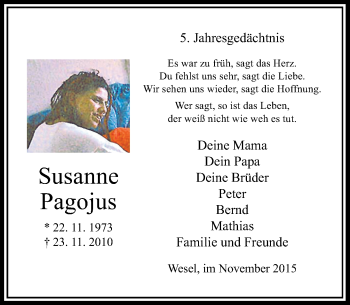Todesanzeige von Susanne Pagojus von Rheinische Post