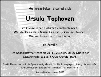 Todesanzeige von Ursula Tophoven von Rheinische Post