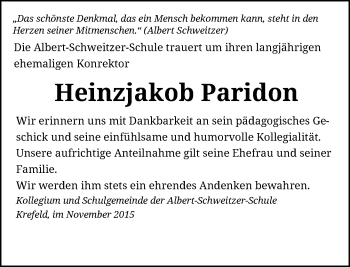 Todesanzeige von Heinzjakob Paridon von Rheinische Post