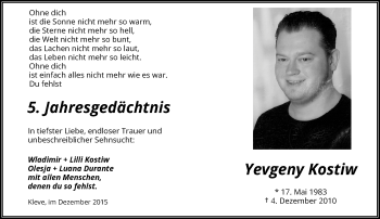 Todesanzeige von Yevgeny Kostiw von Rheinische Post