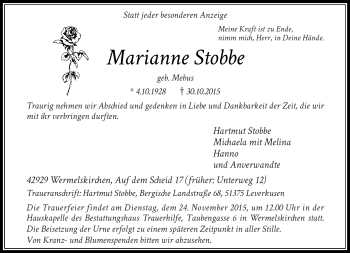 Todesanzeige von Marianne Stobbe von Rheinische Post