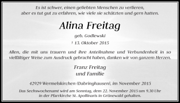 Todesanzeige von Alina Freitag von Rheinische Post