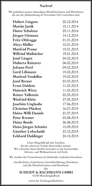 Todesanzeige von Sterbetafel vom 07.11.2015 von Rheinische Post
