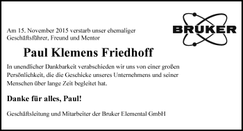 Todesanzeige von Paul Klemens Friedhoff von Rheinische Post