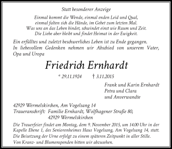 Todesanzeige von Friedrich Ernhardt von Rheinische Post