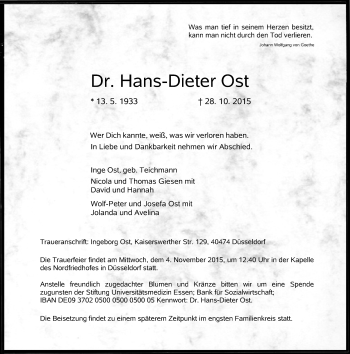 Todesanzeige von Hans-Dieter Ost von Rheinische Post