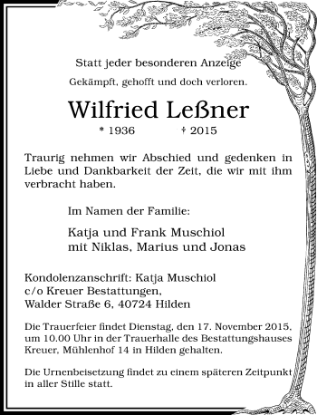 Todesanzeige von Wilfried Leßner von Rheinische Post