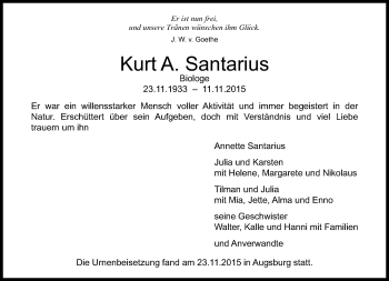 Todesanzeige von Kurt A. Santarius von Rheinische Post