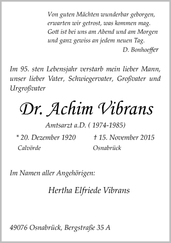 Todesanzeige von Achim Vibrans von Rheinische Post