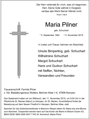 Todesanzeige von Maria Pilner von Rheinische Post