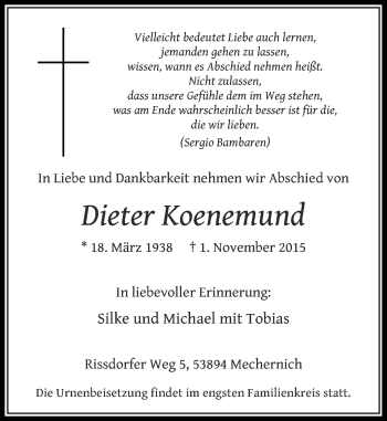 Todesanzeige von Dieter Koenemund von Rheinische Post
