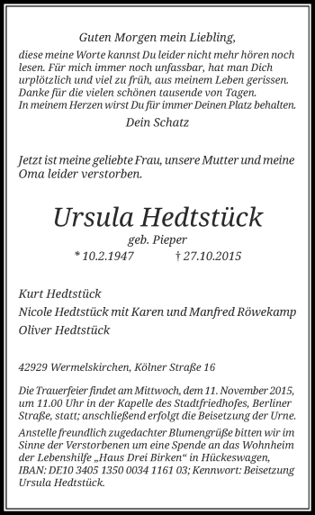 Todesanzeige von Ursula Hedtstück von Rheinische Post