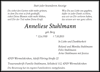 Todesanzeige von Anneliese Stuhlmann von Rheinische Post