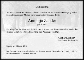 Todesanzeige von Antonija Zander von Rheinische Post