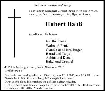 Todesanzeige von Hubert Bauß von Rheinische Post