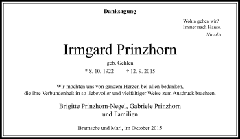 Todesanzeige von Irmgard Prinzhorn von Rheinische Post