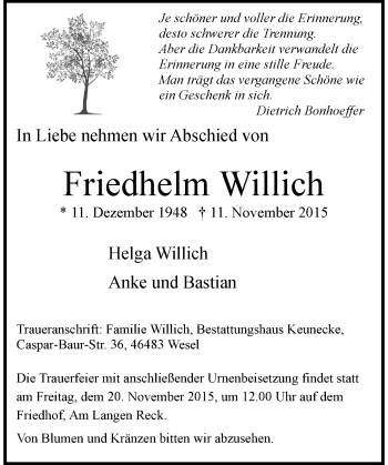 Todesanzeige von Friedhelm Willich von Rheinische Post