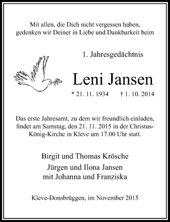 Todesanzeige von Leni Jansen von Rheinische Post