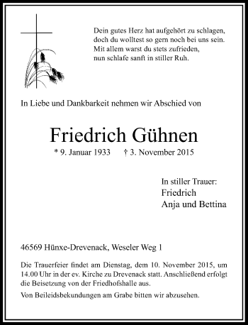 Todesanzeige von Friedrich Gühnen von Rheinische Post