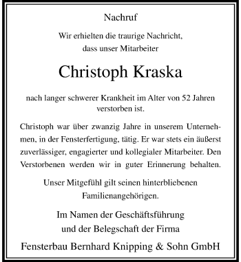 Todesanzeige von Christoph Kraska von Rheinische Post