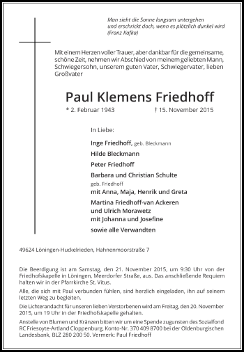 Todesanzeige von Paul Klemens Friedhoff von Rheinische Post