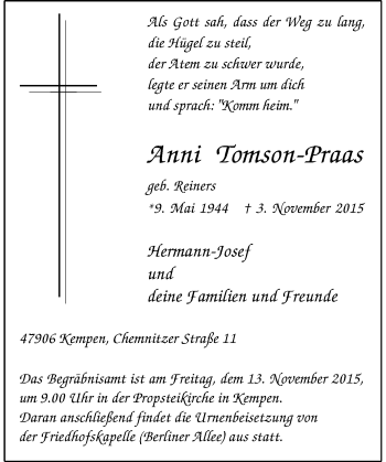 Todesanzeige von Anni Tomson-Praas von Rheinische Post