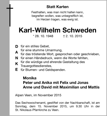 Todesanzeige von Karl-Wilhelm Schweden von Rheinische Post