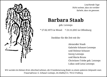 Todesanzeige von Barbara Staab von Rheinische Post