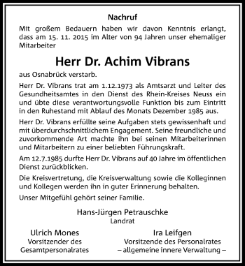 Todesanzeige von Achim Vibrans von Rheinische Post