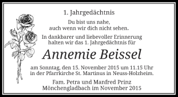 Todesanzeige von Annemie Beissel von Rheinische Post