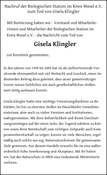 Todesanzeige von Gisela Klingler von Rheinische Post