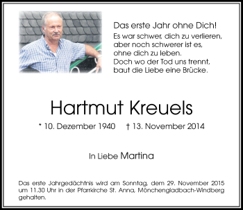Todesanzeige von Hartmut Kreuels von Rheinische Post